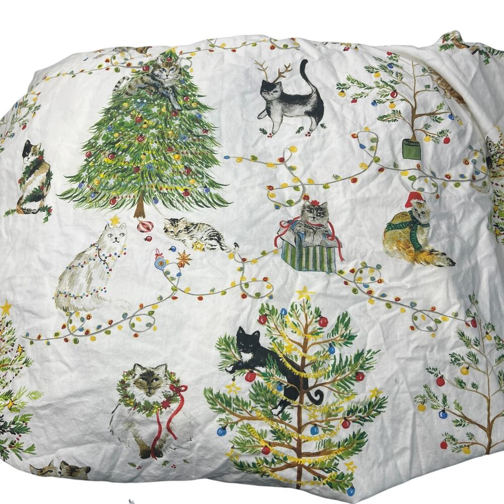 Pottery Barn Twin XL Set Festive Cats Percale Organic Cotton Fitted & Flat Sheet
